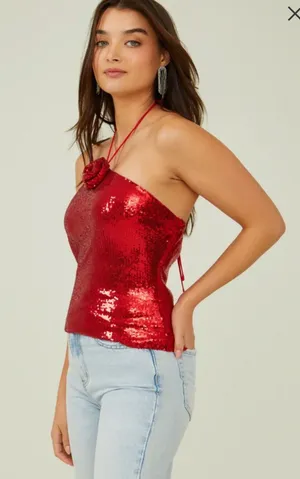 NWT Altar’d state red rose sequin halter top. Size xSmall. thumbnail 1