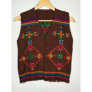 Vintage‎ Embroidered Knit Vest Womens Small Brown Boho Shell Fringe Trim thumbnail 3