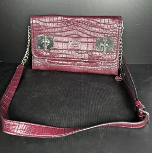 GUESS Handbag Shoulder Bag Y2K Purse Plum Alligator Skin‎ Style Silver Chain thumbnail 1
