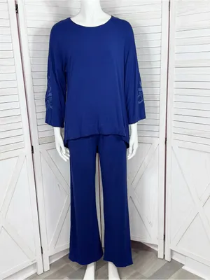 Soft‎ & Cozy Loungewear Embroidered Sleeve Wide Leg Pants Set Blue Small thumbnail 2