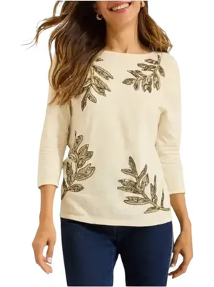 Tommy Bahama Shirt Women Small Ivory Cotton Sequins Floral‎ Tee Coastal Preppy thumbnail 1