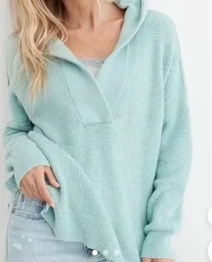 Aerie mint waffle collared hooded sweater size small thumbnail 1