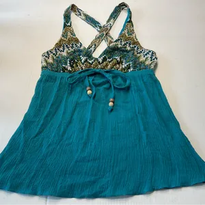 Fleurish Aqua Gauze Cotton Tank Top Y2K Boho Women Junior Sz S Crossback Straps thumbnail 1
