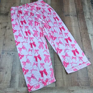 Pink Bow Print Pajama Set Top Pants Long Sleeve Coquette Feminine Plus 2X thumbnail 5