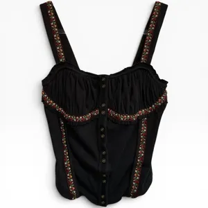 Free People Wilder Knit Corset Top Black Floral Embroidered Ribbed‎ Size S NWT thumbnail 2
