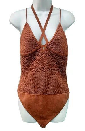 Abercrombie and Fitch Brown Thong Knit Crochet Halter Strappy Bodysuit Size L thumbnail 1
