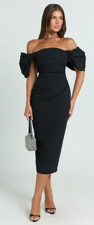 New Showpo Lohan Midi Dress Off Shoulder Puff Sleeve Size 10 MSRP $129 thumbnail 1