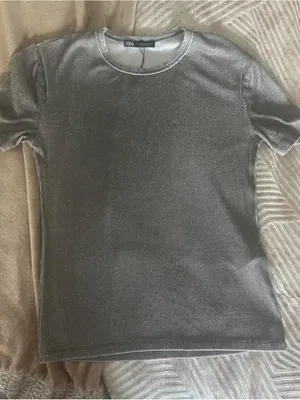 Zara women Metallic Silver Crew Neck T-Shirt thumbnail 2