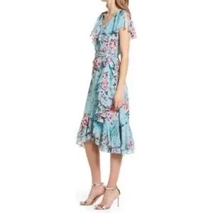 Eliza J V-Neck‎ Ruffled Printed Metallic Clip Chiffon Dress Size 2 thumbnail 2
