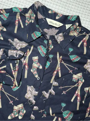 Eddie Bauer Button Down Shirt XLarge Skiing Hiking Winter Print Blue Vintage thumbnail 2