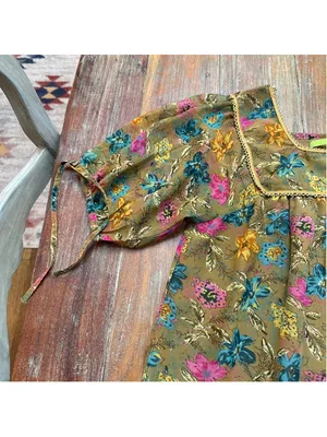 Rapsodia Boho Floral Mini Dress Square Neck Gold Beaded Trim Size S Puff Sleeve thumbnail 3