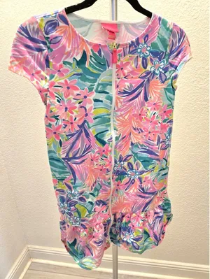 Lilly Pulitzer Girls XL 12-14 Tropical Floral Zip Front Swim Coverup Dress Pink thumbnail 1