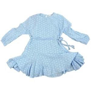 GB Eyelet Lace Mini Dress Womens L Light Blue Braided Tie Waist Long Sleeve Boho thumbnail 7