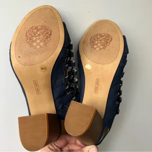 Vince Camuto Navy Leather 9M Laced 3" Block Heel Open Toe Shoes thumbnail 4