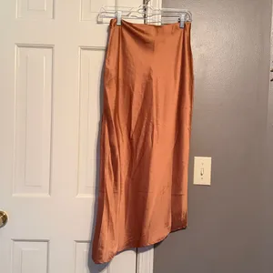 Lulus Contemporary Cutie Brown Satin High-Rise Asymmetrical Midi Skirt thumbnail 4