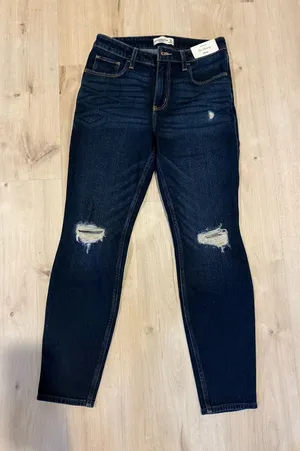 Abercrombie & Fitch Dark Blue Skinny Jeans with Knee Distress thumbnail 1