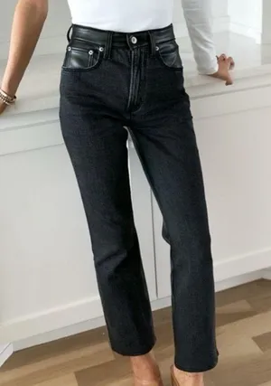 Abercrombie & Fitch Black Ankle High Rise Leather and Denim Jean thumbnail 1