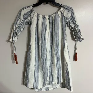 Altar'd‎ State White Blue Striped 100% Linen Mini Dress Off Shoulder Size Small thumbnail 10