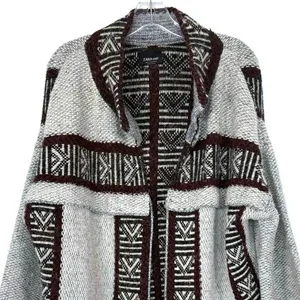 Zara Knit Oversized Sweater Jacket Chunky Slouchy Duster Burgundy Gray Small S thumbnail 5