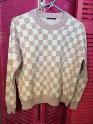 Tahari Pink Cream Checkered Crew Neck Long Sleeve Knit Sweater Pullover RN93178 thumbnail 1