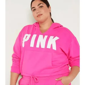 PINK Victorias Secret Cinched Crop Hoodie‎ & Sweatpants Atomic Pink Set L/XL thumbnail 9