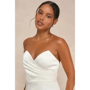Lulus Profound Love White Satin Pleated Strapless Sleeve Maxi Dress Bridal Sz L thumbnail 2