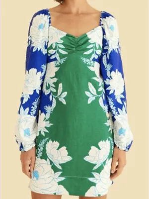 Farm Rio Soft Linen Green & Blue Floral Long-Sleeve Mini Dress thumbnail 1