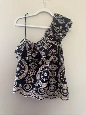LoveShackFancy Black & Cream One-Shoulder Ruffle Embroidered Crop Top thumbnail 4