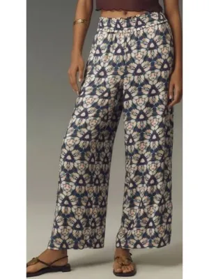 Anthropologie Geometrical Blue White Wide-Leg Pull on Pants XL thumbnail 11