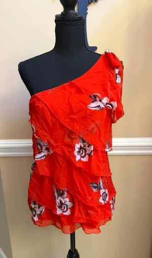 White House Black Market Red Floral One-Shoulder Ruffle Blouse thumbnail 1