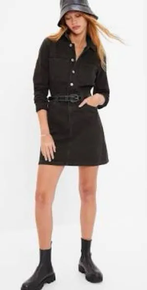 GAP Denim Mini Dress Long Sleeve Pocket in Black Wash‎ Button Front Size 4 thumbnail 1