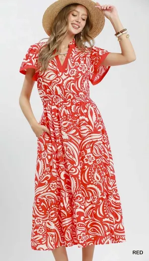 Umgee Paisley Print Midi Dress‎ with Side Pockets - Red - Small thumbnail 1