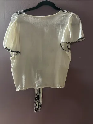 Max Studio Cream Short-Sleeve Tie-Front Blouse with Black Floral Embroidery thumbnail 3