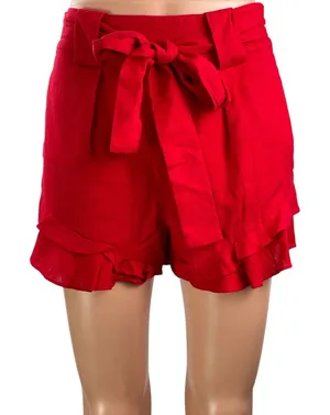 Chriselle JOA Women's Red High Waisted Belted Ruffle Tiered Mini Shorts Size XS thumbnail 1