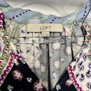 LOFT Womens L Linen Blend Patchwork Paisley Blouse Boho 3/4 Raglan Sleeve Top thumbnail 8