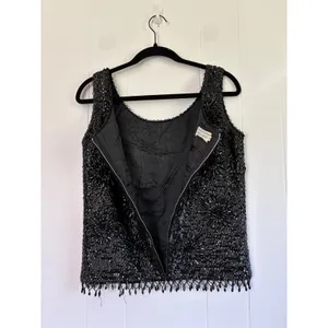 Vintage‎ Hand Beaded Wool Shell Top Black Sequin Floral Fringe Tank M WPL 3526 thumbnail 5