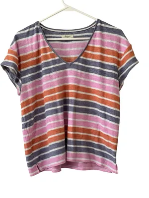 Madewell Medium T Shirt Striped Crop Top Soft V Neck Cap Sleeve Boho Boxy Hippie thumbnail 1