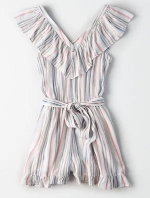 AMERICAN EAGLE V-Neck Ruffle Striped Romper thumbnail 1