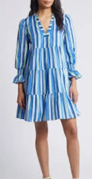 Eliza J Tiered Three Quarter Sleeve Dress Womens 8 Blue Excellent Striped V-Neck thumbnail 1