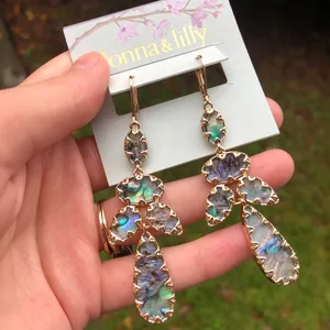 Gold and abalone dangle chandelier statement earrings thumbnail 4