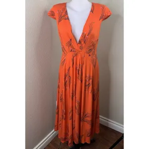 Free People Dress Sz 6 V Neck Orange Red Botanical Long Flutter Cap Sleeve Boho thumbnail 4