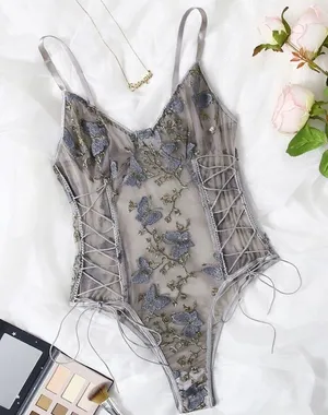 SHEIN Butterfly Embroidered Mesh Teddy Bodysuit Lingerie Medium thumbnail 1