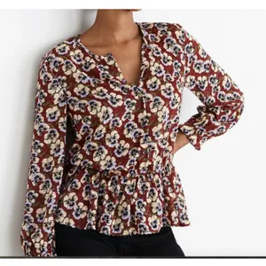 Madewell Floral Violet Pansy Blouse Burgundy Long Sleeve Peplum XS Fall Florals thumbnail 1