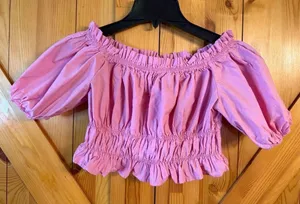 Zara Poplin Pink Off The Shoulder Puff Sleeve Crop Top Shirt Size Small (7136) thumbnail 1