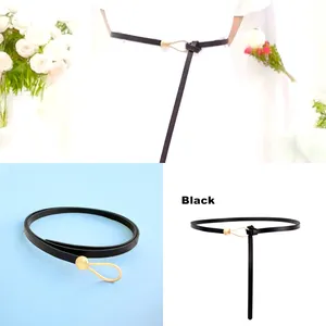 Black Trendy Knotted Skinny Thin Belt For Women Classic Solid Color Faux Leather thumbnail 5