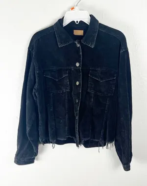 POL Black 100% Cotton Chest Pockets Frayed Hem Corduroy Trucker Jacket Small thumbnail 1