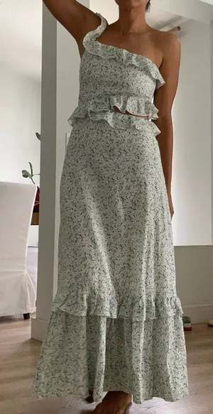 Peony for Anthropologie One-Shoulder Floral Maxi Dress in White and Light Blue thumbnail 1