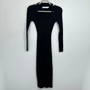 ASTR The Label Black Ribbed Knit‎ Deep V Neck Plunge Midi Dress Size S Bodycon thumbnail 2