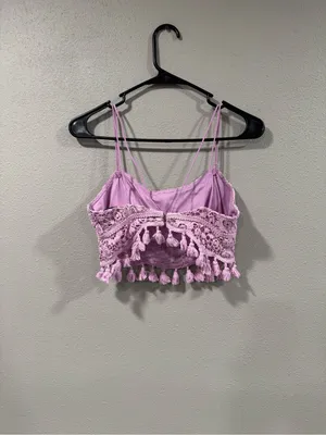 Sherri Hill Lavender Crochet Lace Mini Dress with Tassel Trim thumbnail 4