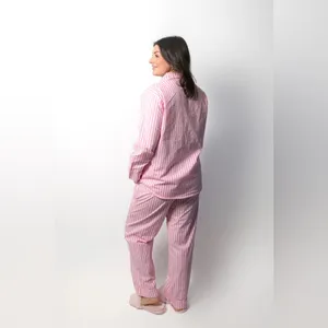 Bon‎ Artis Pink Striped Cat Embroidery Pajama Set 100% Cotton Women’s Size 1 thumbnail 3